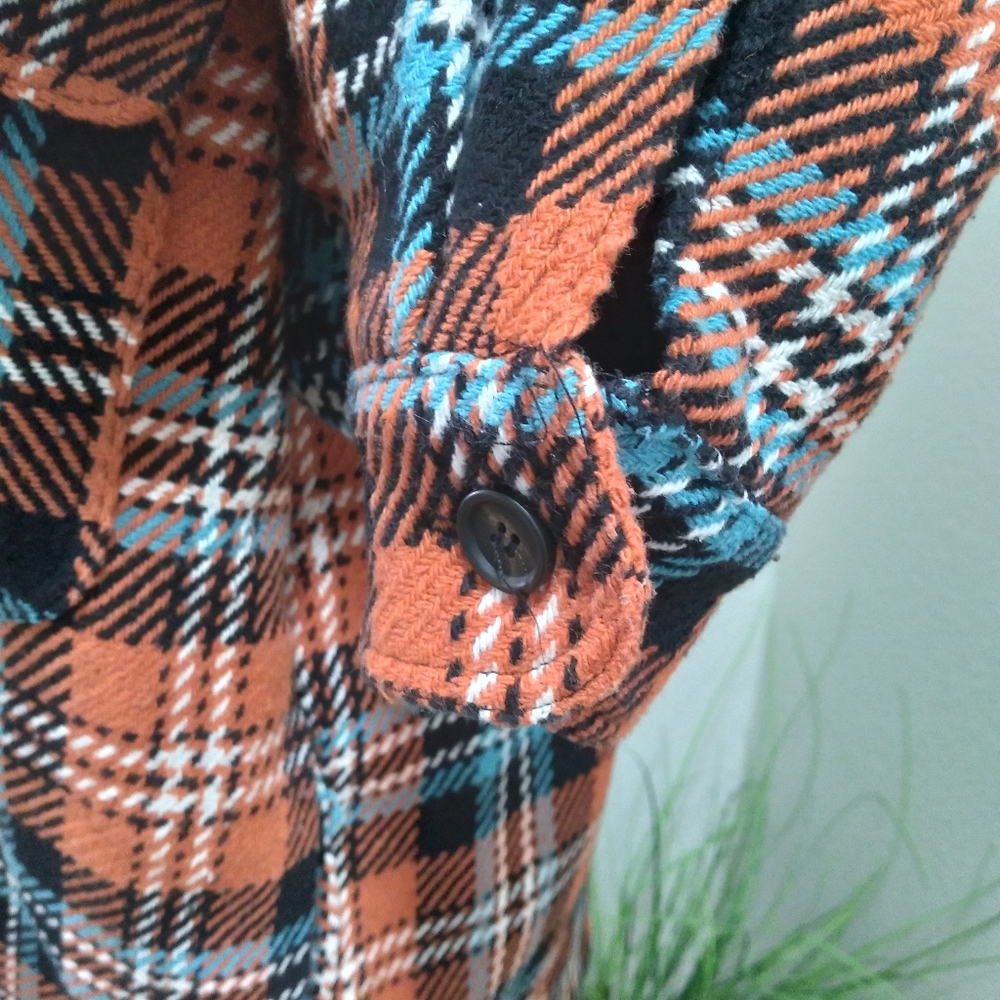 ZARA Men's Orange/Black Plaid Print Knit Long Sleeve Button Down Flannel-Size M - Picture 4 of 11